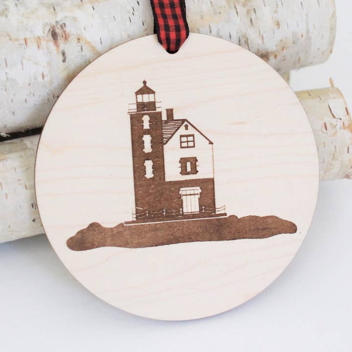 Round Island Lighthouse Christmas Holiday Ornament for wholesale by Woodlander Workshop