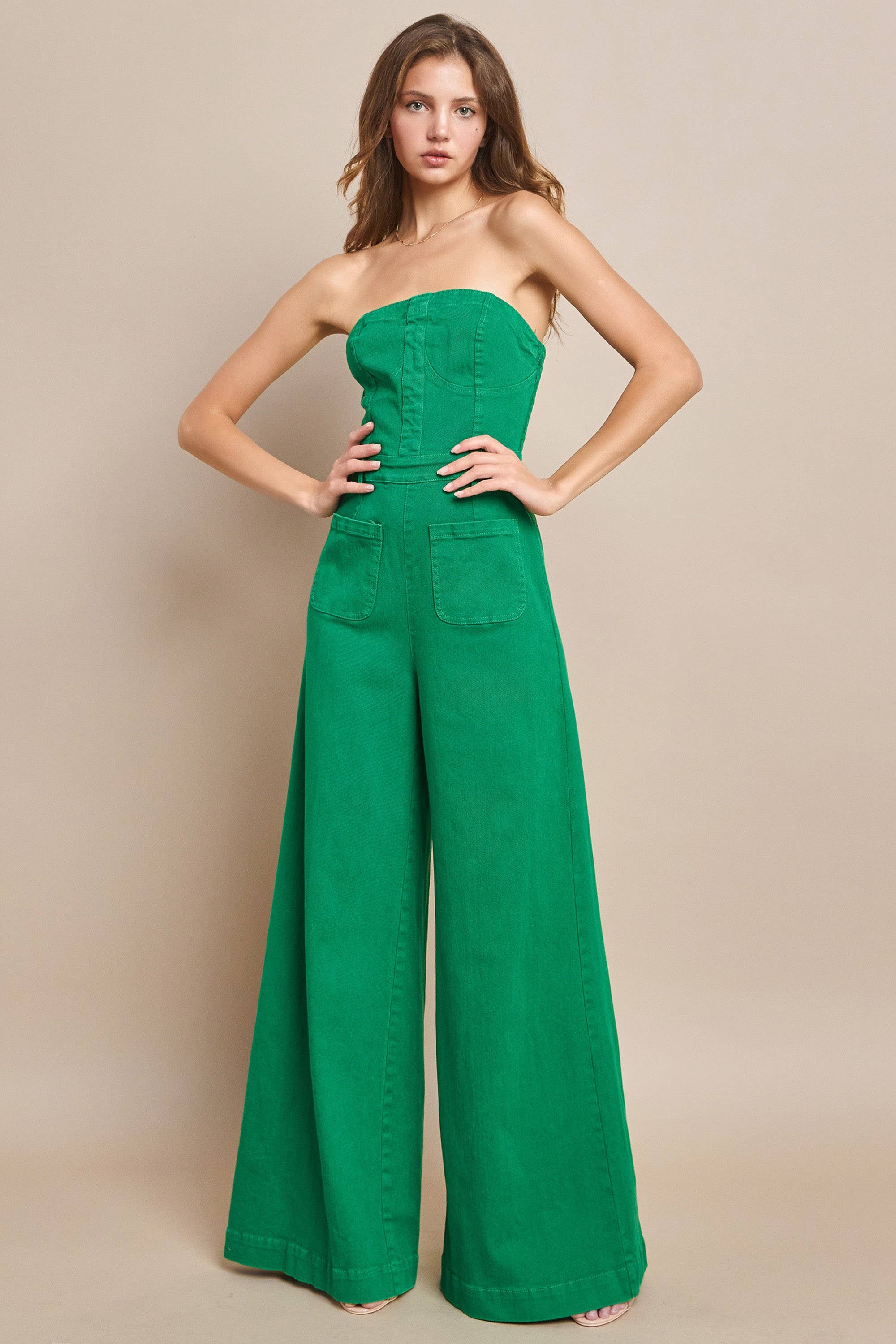 OFF SHOULDER WIDE LEG DENIM JUMPSUIT 4406 KELLY GREEN  for wholesale on Faire1