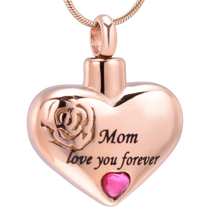 "Mom, Love You Forever" Heart Shaped Cremation Urn Necklace With Rhinestone for wholesale by Cherished Emblems