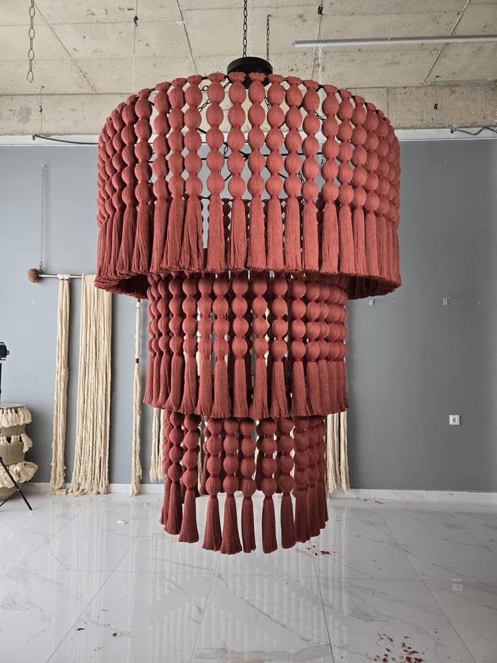 Large Red Boho Chandelier, Handmade Beaded Light Fixture for wholesale by Joy's Arts