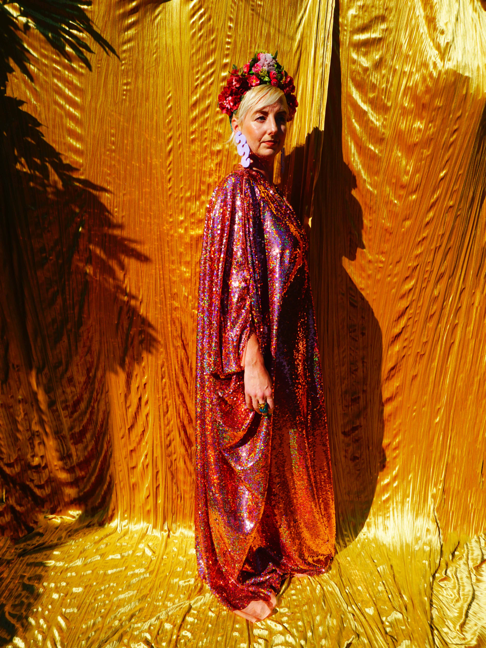 Fumbalinas – wholesale Kaftan – Women's – Rose Gold Holographic Sequin V-neck Kaftan Gown10