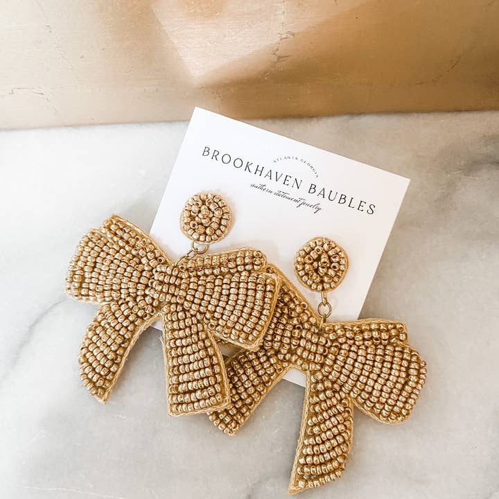 Brookhaven Baubles - Wholesale Dangle Earrings - Gold Bow Beaded Statement Christmas Earrings