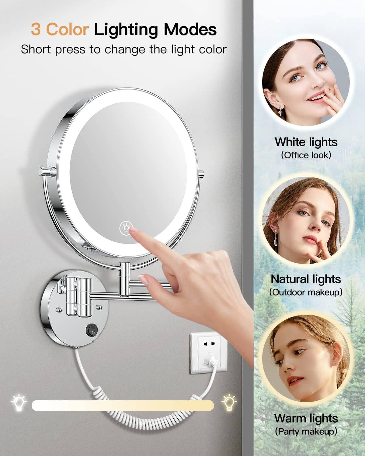 Silvery 9 Inch Wall Mounted Lighted Magnifying Mirror 1X 10X LED for wholesale on Faire3