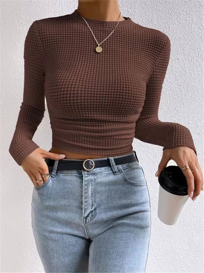 HIDDENBRAND - Wholesale T-Shirt - Women's - Plain Waffle Fitted long Sleeve Top6