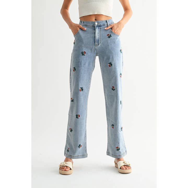 MEDIUM WASH EXQUISITE EMBROIDERED DENIM JEANS for wholesale on Faire
