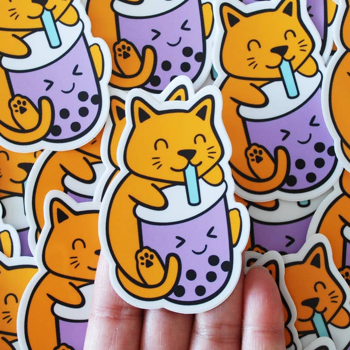 Orange Cat and Bubble Tea Vinyl Sticker for wholesale by Hop & Flop
