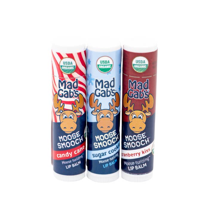 Mad Gab's - Wholesale Lip Balm - NEW ASSORTMENT 3PK Organic Holiday Moose Smooch Lip Balm Peg1