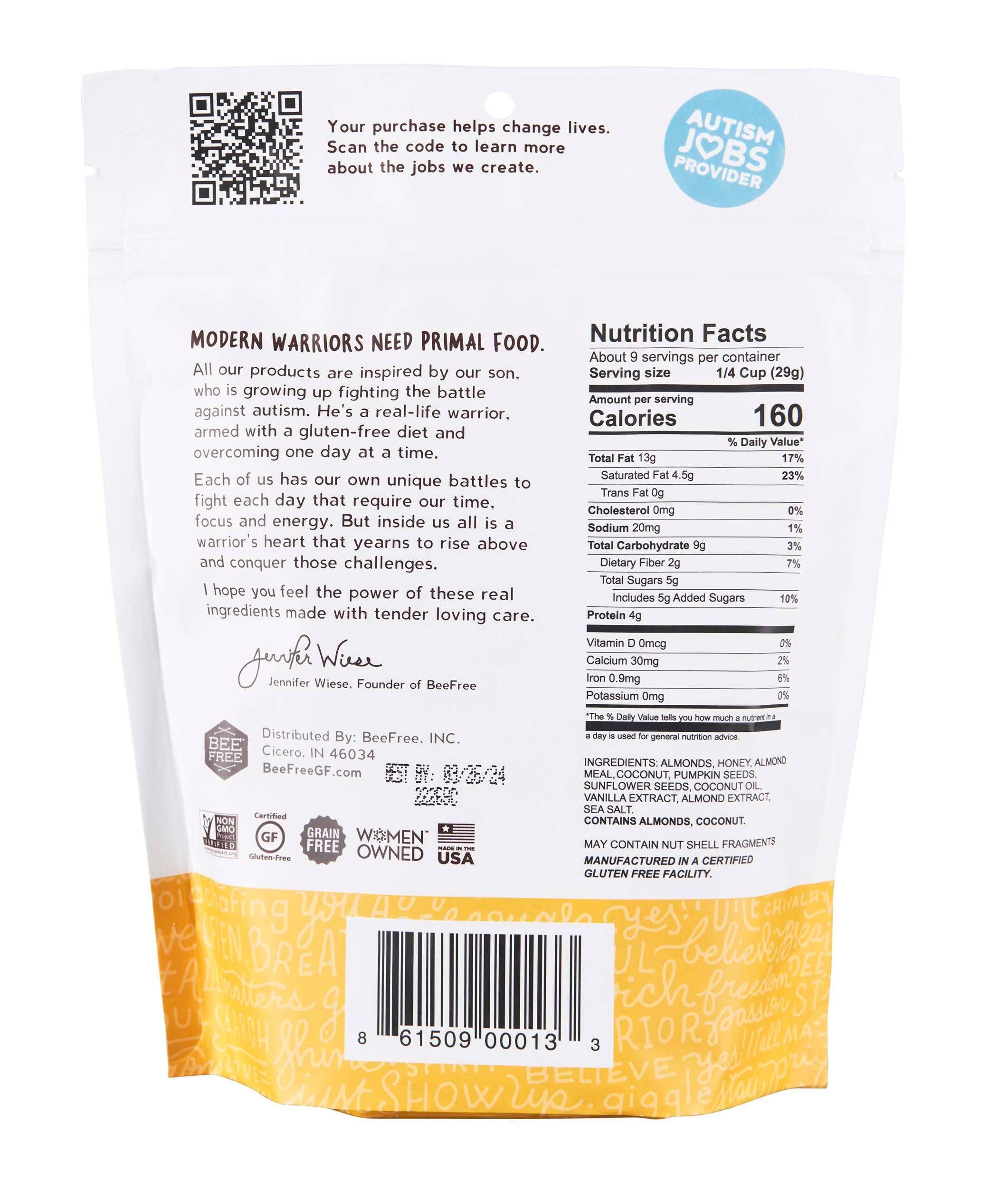 BeeFree LLC. - Wholesale Snack Bar - Gluten free granola snack: Original Honey, 9 oz.3