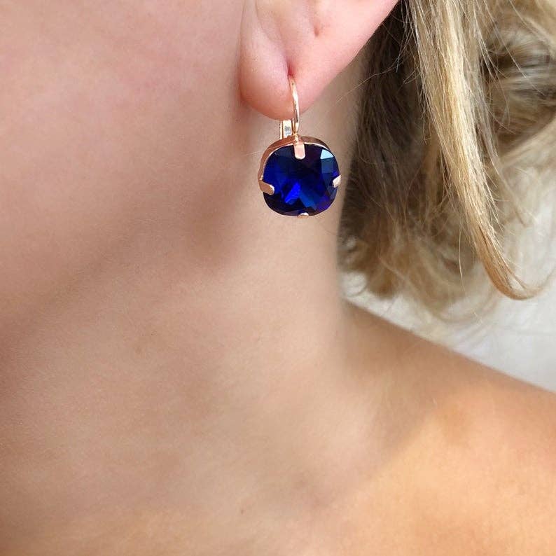 Love Bird Fashion Accessories - Wholesale Dangle earrings - Rose Gold Square Crystal Earrings - Cobalt Blue1