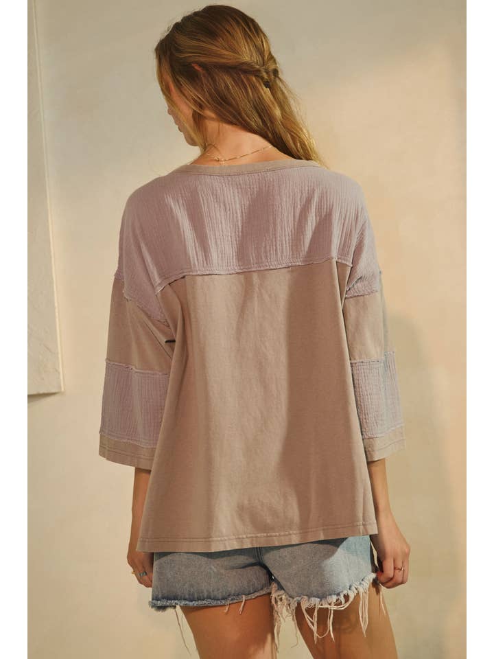 Oddi - Wholesale Blouse - Women's - Plus Acid Washed Mixed Fabric Pullover Top