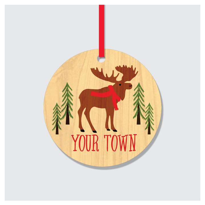 Moose Personalized City Wood Ornament, name drop for wholesale by Rock Scissor Paper