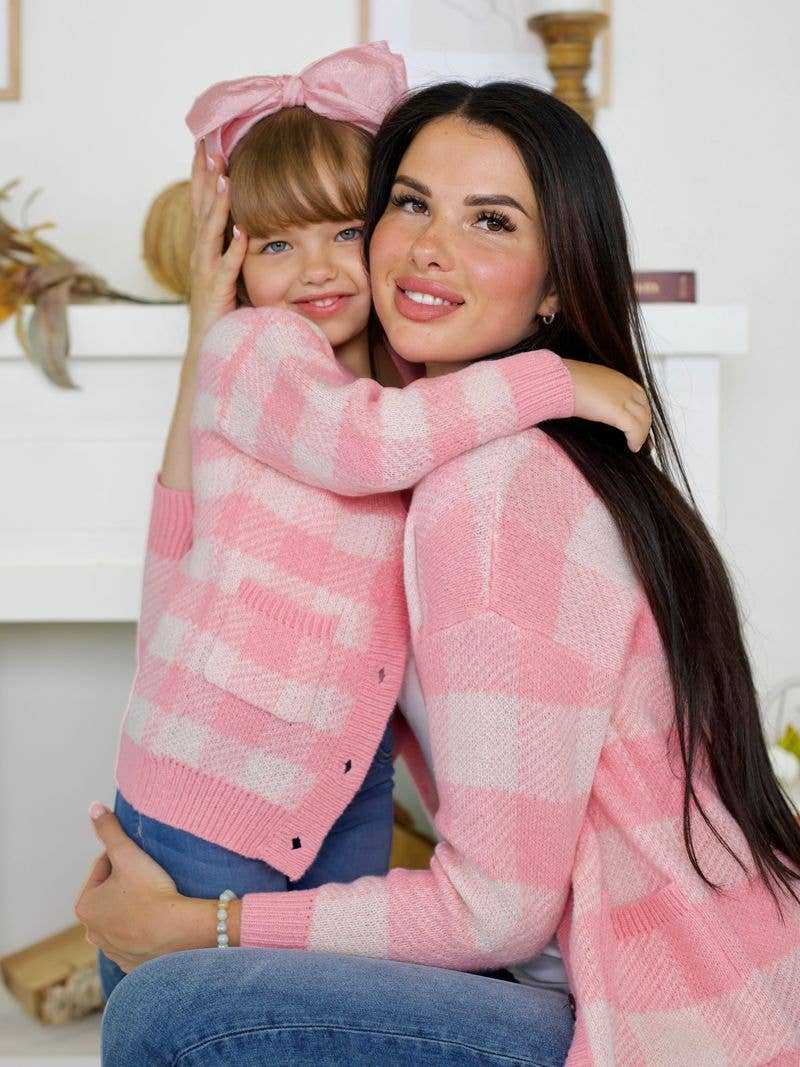 Mommy and Me Pink and White Checkered Oversized Cardigan for wholesale on Faire1
