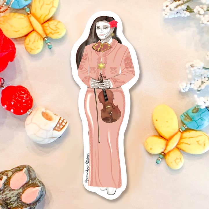 Neverending Stickers - Dia De Los Muertos Mariachi Band - Kvinnlig violinspelare - Vinylklistermärke eller magnet - 4,25 x 1,55 cm för wholesale av Neverending Stickers