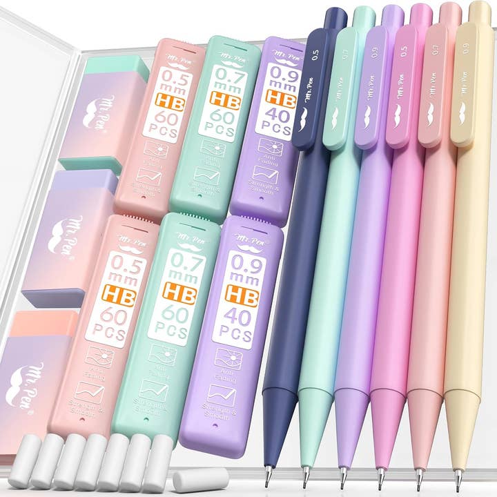 Herr Pen - Pastell-Mechanikbleistift-Set mit Minen-Nachfüllungen & Radiergummis, 6er Pack, 3 Größen, 0,5 0,7 & 0,9 mm, Ästhetisches Mechanikbleistift-Set für den Großhandel von Mr. Pen