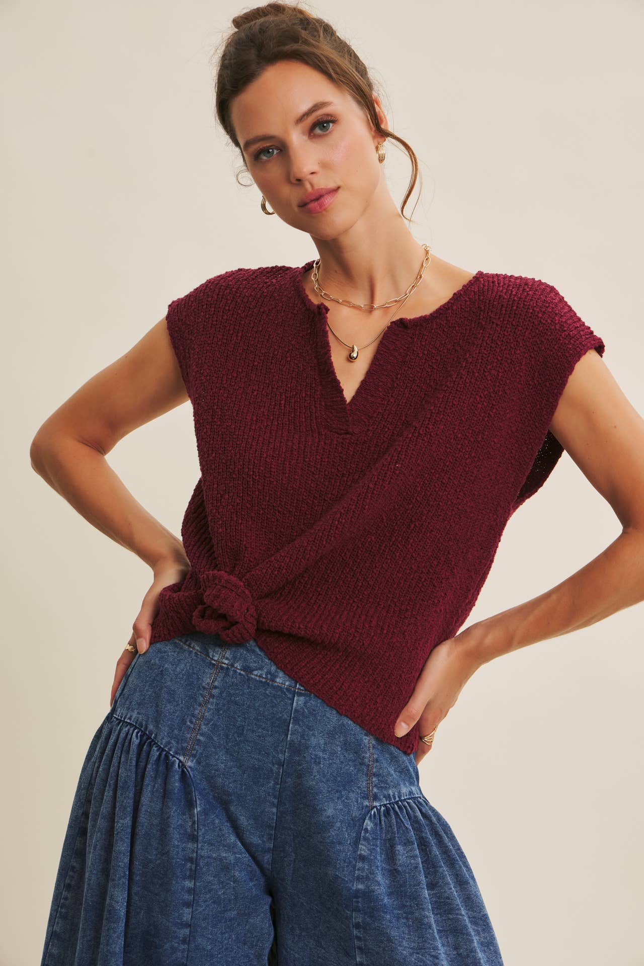 in february - Wholesale Knit Sweater - Women's - RELAXED FIT SLUB KNIT SWEATER TOP WITH SPLIT NECK45