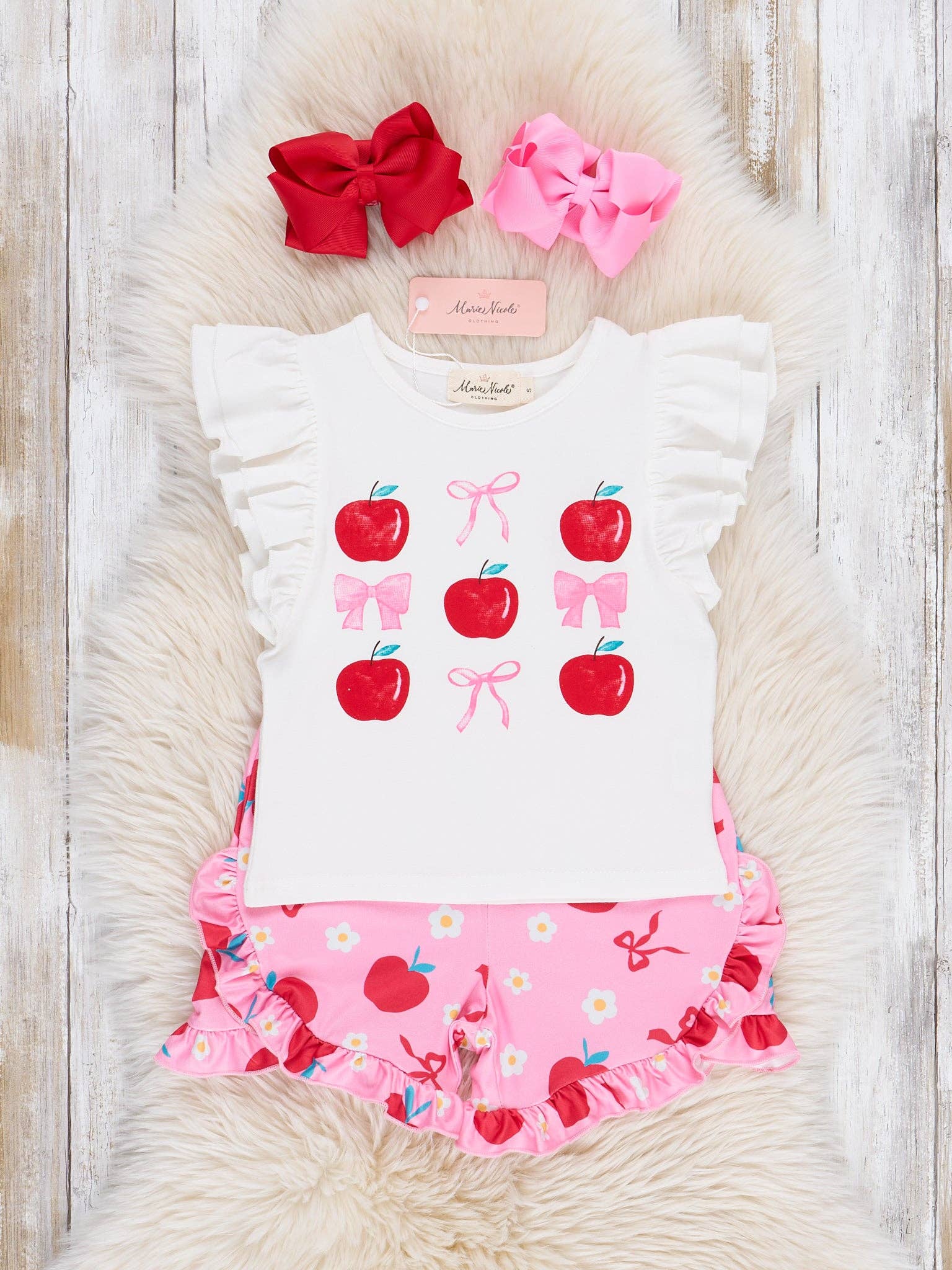 Marie Nicole Clothing - Wholesale Top & Short Set - Kids - Apples & Bows Ruffle Outfit0