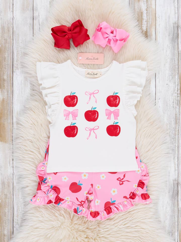 Marie Nicole Clothing - Wholesale Top & Short Set - Kids - Apples & Bows Ruffle Outfit