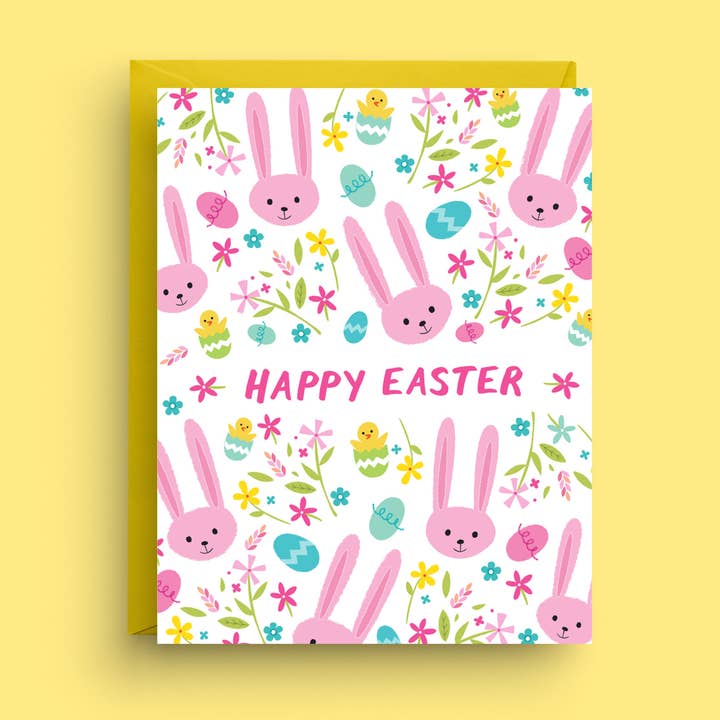 Easter Bunny Card- Cheerful Bunny with Spring Florals for wholesale by Nicole Marie Paperie