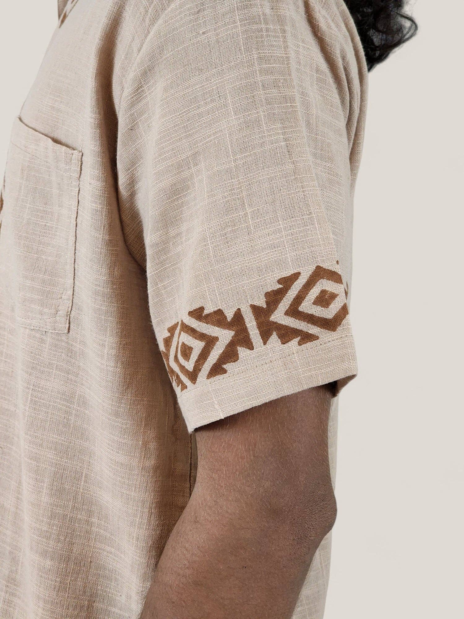 Sacred Ceremony - Wholesale Button Down Shirt - Men's - Men's Dusty Rose Organic Linen Short Sleeve Block-Printed Button-Down Shirt6