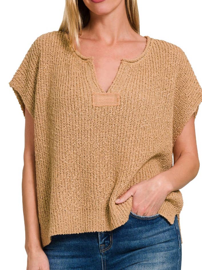 Back Patch Rolled Split-neck Side Slit Pullover for wholesale by Vanilla Monkey