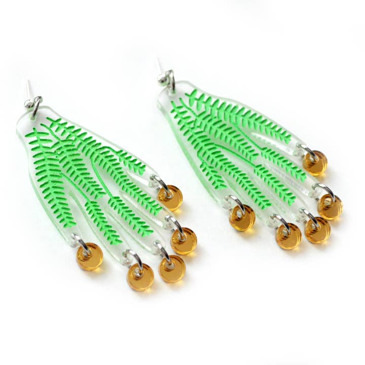 Klar akryl hænder øreringe med mynte blomst vinstokke for engroshandel hos Boo and Boo Factory