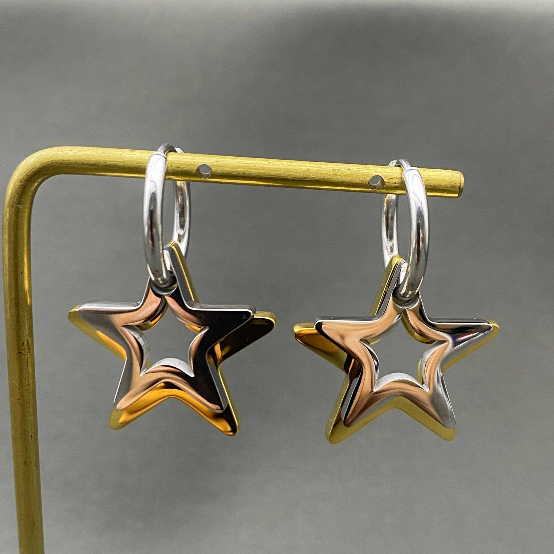 Mio Queena - Wholesale Huggie Earrings - Two-tone 18K Golden SS Hollow Star Huggie Earrings - FGS/MS0
