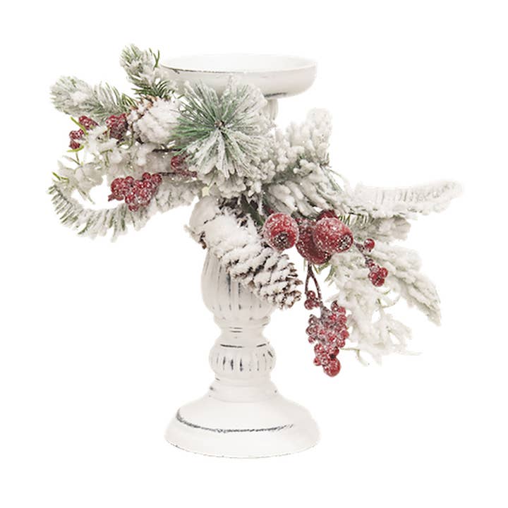 Col House Designs - Wholesale Candle Holder - Snow Sprinkled Pine & Berry Pillar Holder - 10"0