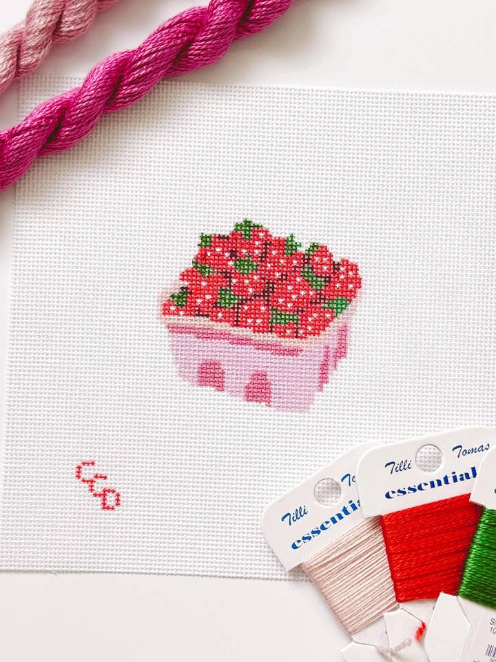 Strawberry Basket Needlepoint Canvas 18 Mesh 4” Design, Summer Strawberries Needlepoint Canvas modern Hand Painted for wholesale by Cotswold Co Designs