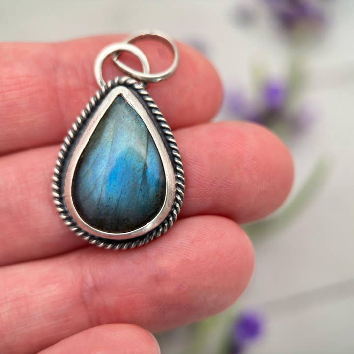 Glowing Blue Labradorite and Sterling Silver Pendant - Aurora Borealis Northern Lights Stone Jewelry for wholesale by Sunlight Silver Jewelry