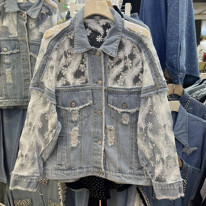 Blue M135 Double-Layer Lace Mesh Embroidered Denim Jacket for wholesale on Faire5