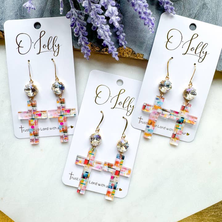 O’Lolly Colorful Acrylic Cross Earrings w/Clear Stone for wholesale by O’Lolly Jewelry