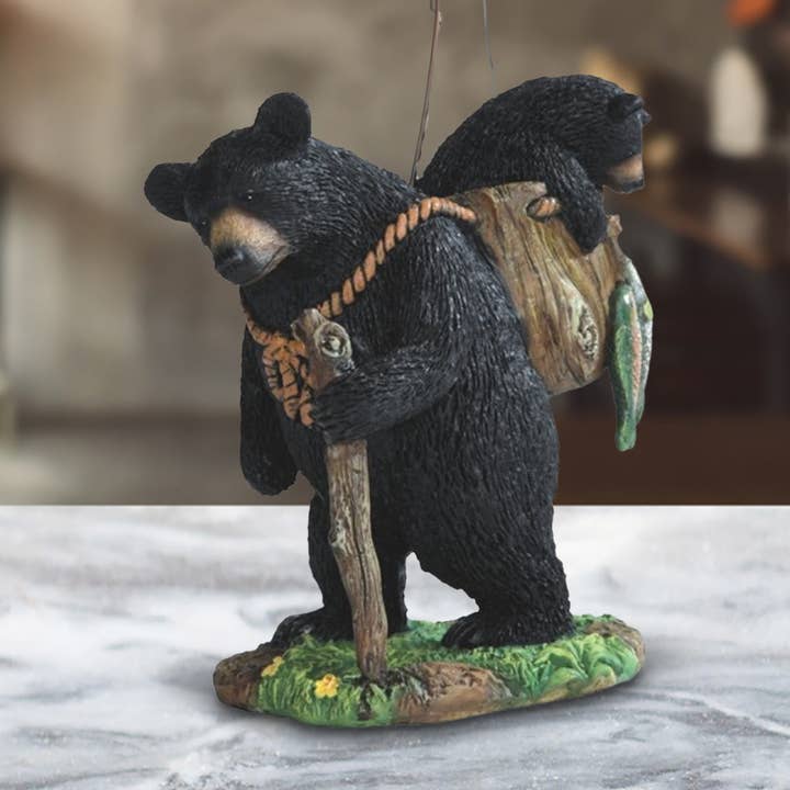 7"H Black Bear Salmon Fishing Cub on Forest Figurine Gifts for wholesale by FC Design