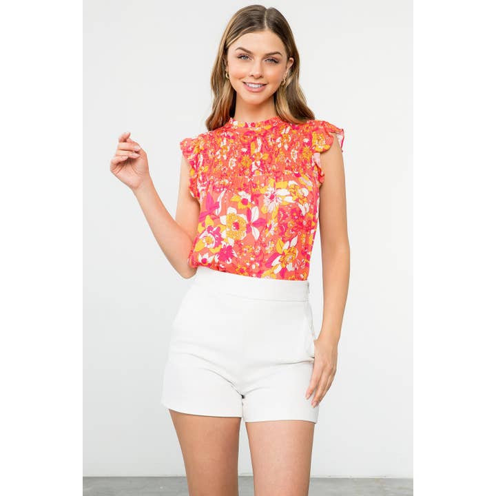 Koraalroze Bloemen Top met Gesmokte Ruffle Mouwen voor wholesale door THML