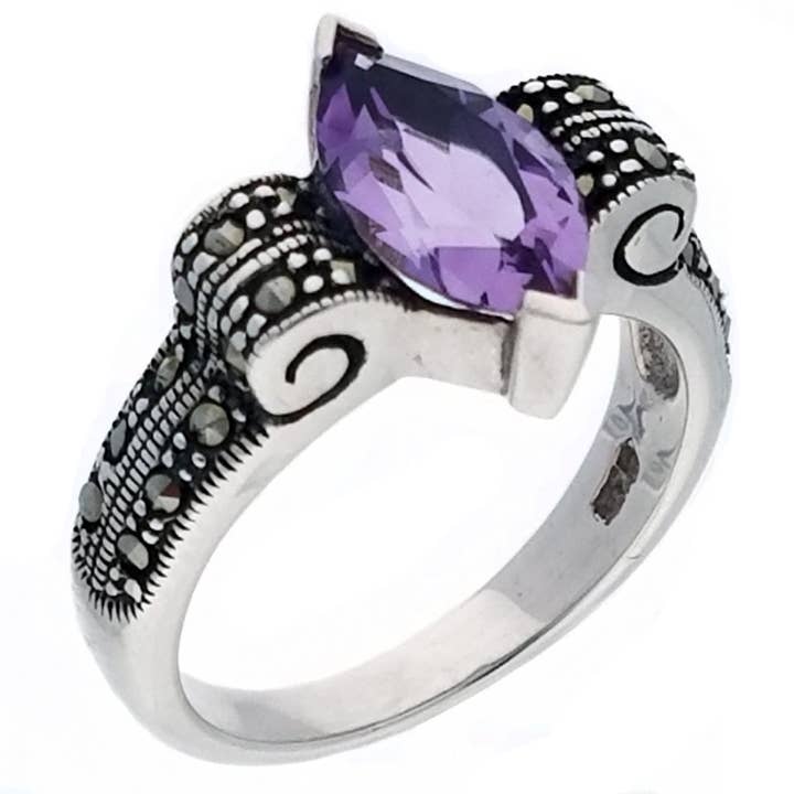 Genuine Marquise Amethyst and Marcasite Sterling Silver Ring for wholesale by Silver Insanity