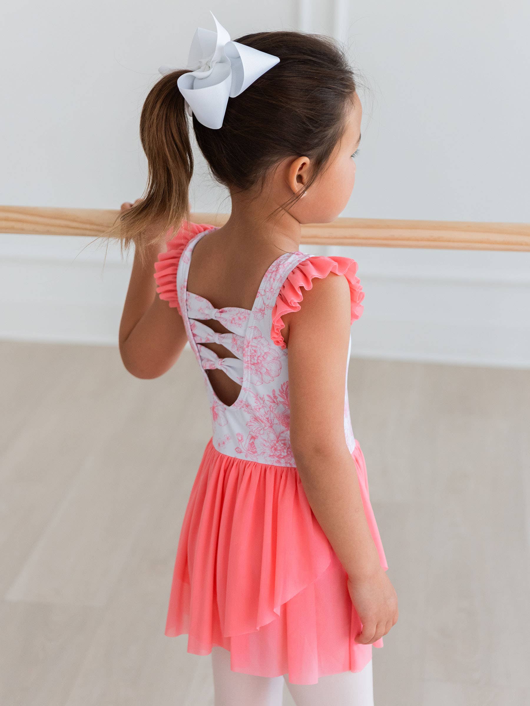 Girls Bubblegum Pink Butterfly Garden Toile Flutter Sleeve Dance & Gymnastics Leotard for wholesale on Faire3