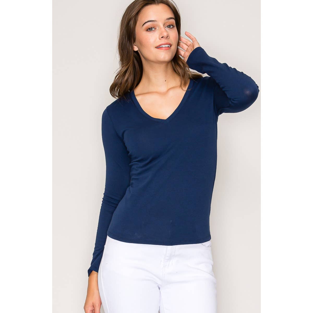 Popular 21 – wholesale Knit top – Women's – V Neck Long Sleeve Cotton Long Sleeve Knit Tee1
