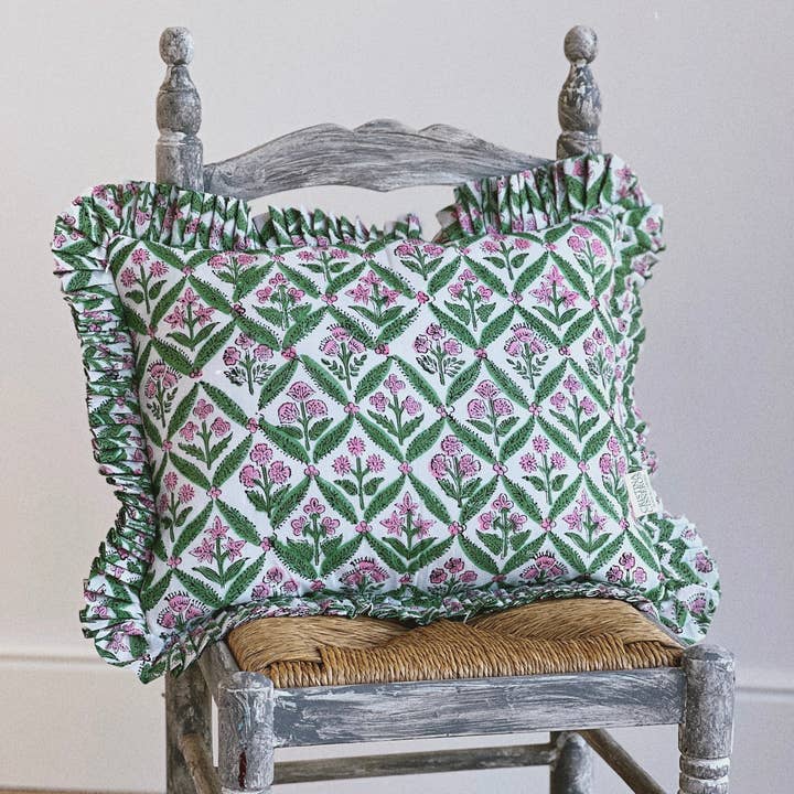Cristina Cisneros - Wholesale Chair Cushion - BLOCK PRINT FLORAL GREEN RUFFLE CUSHION1