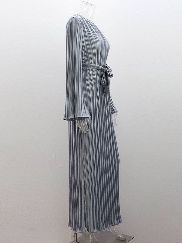 StyleGalX – Engroshandel Kjole - Dame – Blussede ærmer Lange ærmer Plisseret ensfarvet Maxikjoler med rund hals1