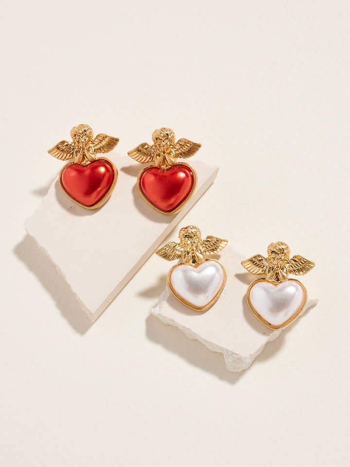 Valentines Day Heart Pearl W Cupid Post Earrings for wholesale by Designature New York