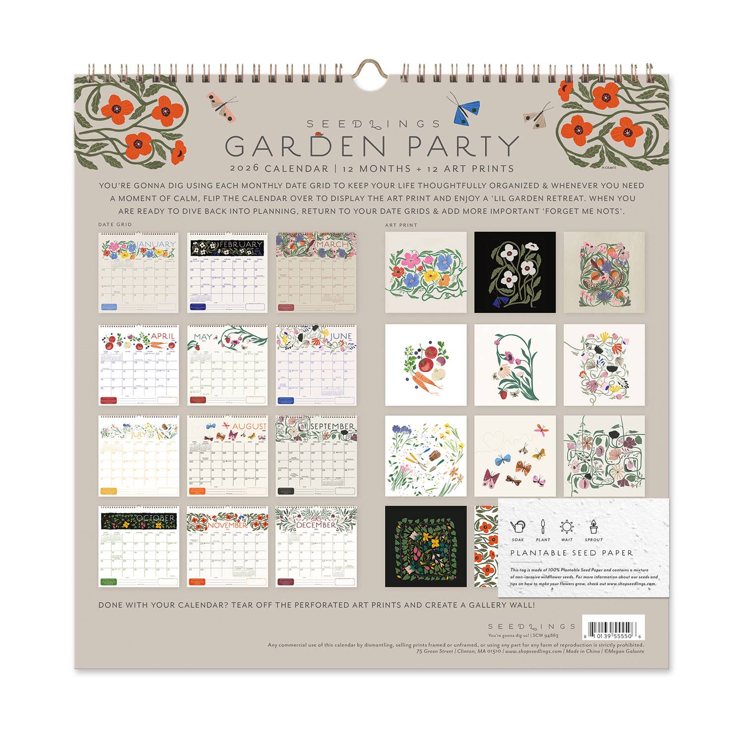 Seedlings - Wholesale Calendar - 2026 Seedlings Garden Party 12 Month Classic Grid Calendar3