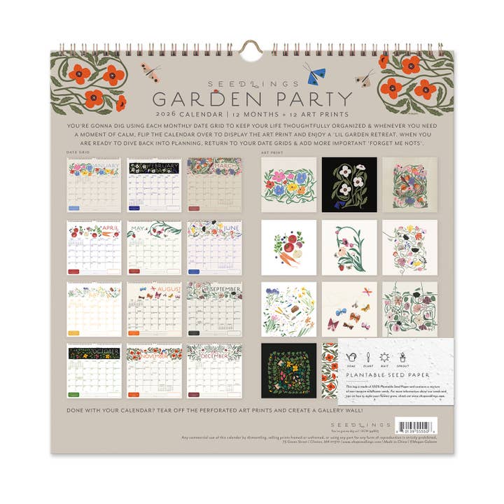 Seedlings - Wholesale Calendar - 2026 Seedlings Garden Party 12 Month Classic Grid Calendar3