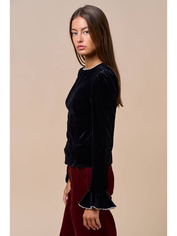 Noir Haut à manches longues avec bordure en perles Velvet Touch en vente sur Faire4
