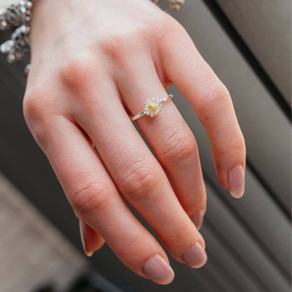 The Colourful Aura – wholesale Single stone/solitaire ring – Silver Sunflower Daisy Tiny Slim Adjustable Floral Stackable Ring3