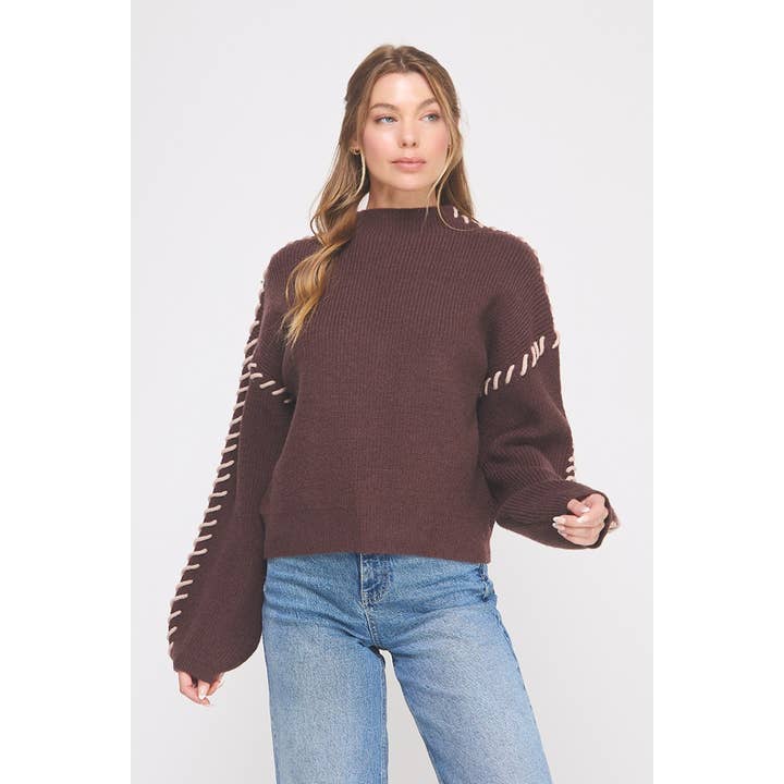 Lofty mock neck sweater w contrast stitch detail for wholesale by Allie Rose
