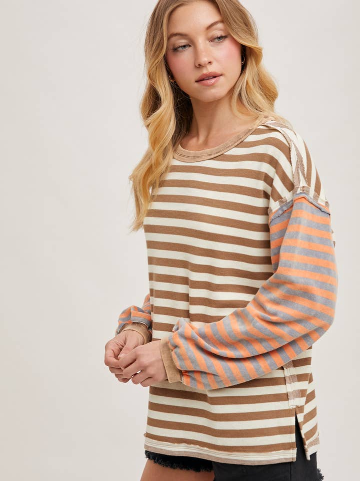 Bluivy - Wholesale Knit Sweater - Women's - STRIPE CONTRAST EXPOSED SEAM LOOSE FIT KNIT PULLOVER