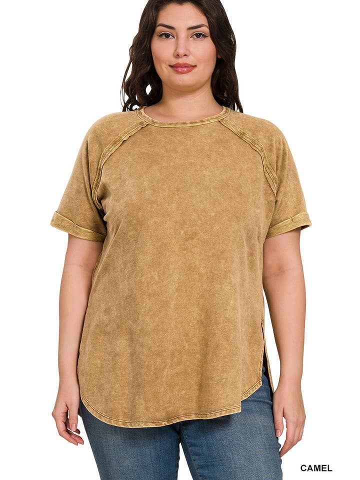 42POPS - Wholesale T-Shirt - Women's - ",,..SI-25676 PLUS SIZE FRENCH TERRY ACID WASH RAW EDGE RAGLAN
