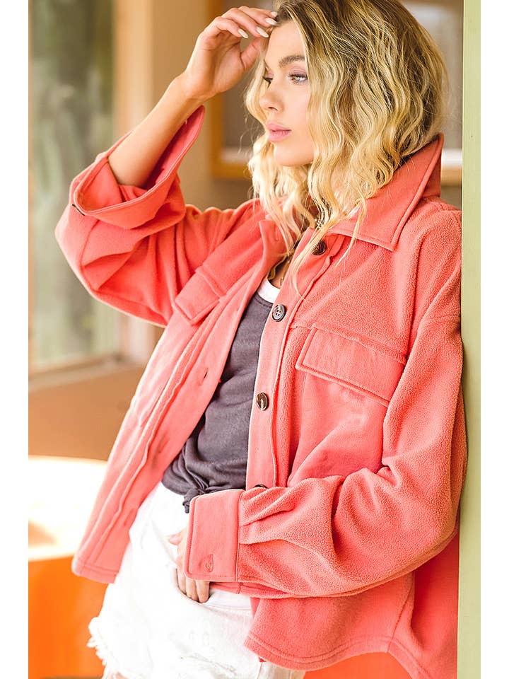 La Miel - Wholesale Shirt Jacket/Shacket - Women's - HAJ1726-Loose Fit Button Down Long Sleeve Fleece Shacket