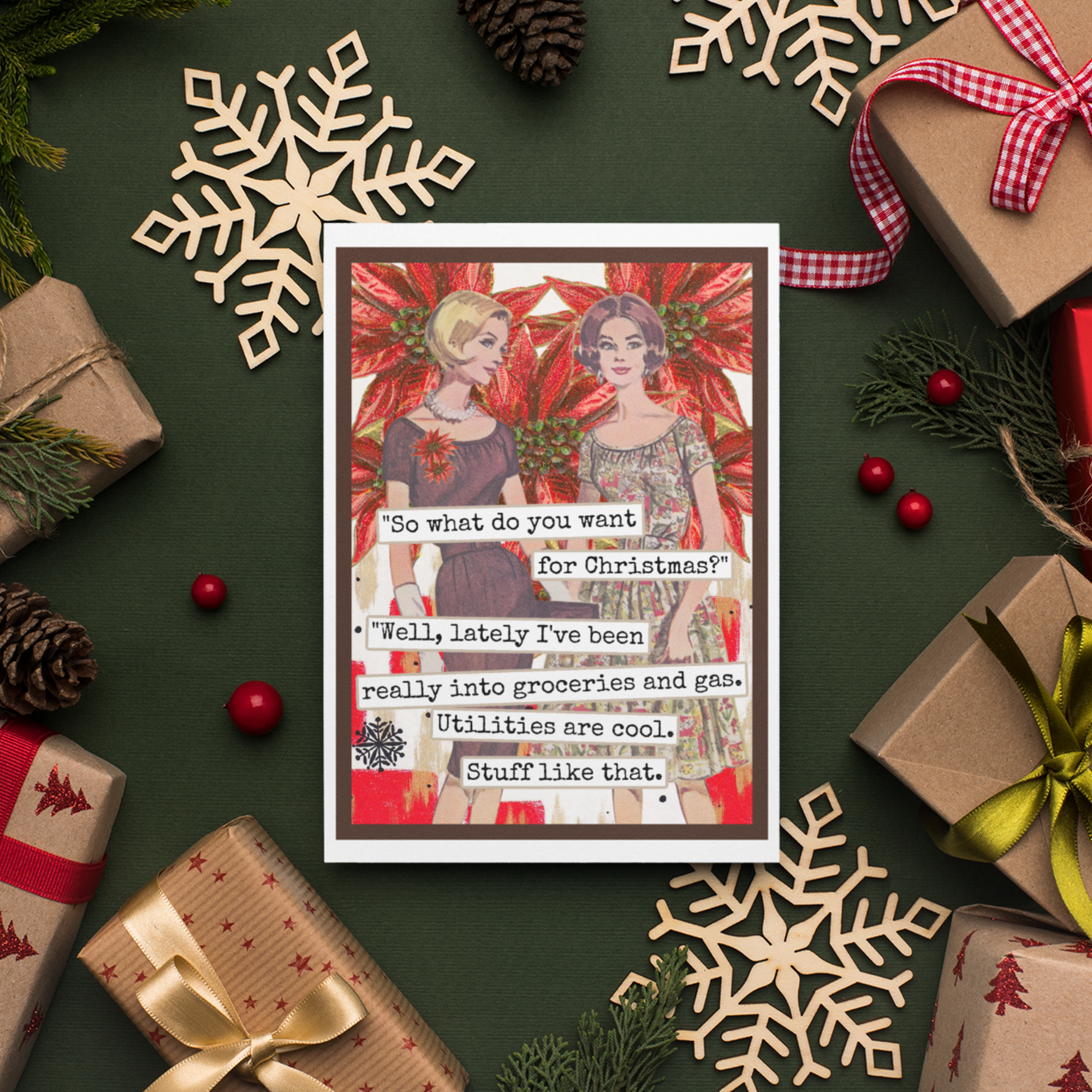 Raven's Rest Studio - Wholesale Kerstkaartje - Grappige kerstkaart. Ik hou echt van boodschappen en gas. Wijnoogst2