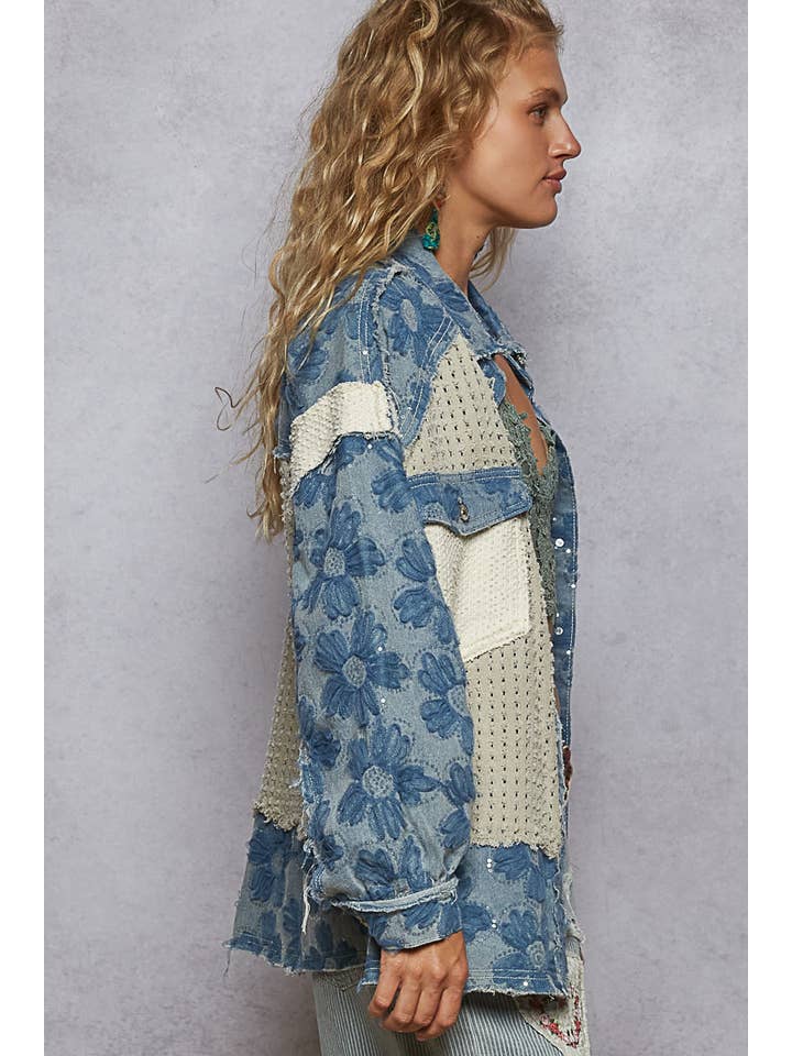 Pol Clothing - Wholesale Denim Jacket - Women's - Vintage washed floral embroidered patches jacket