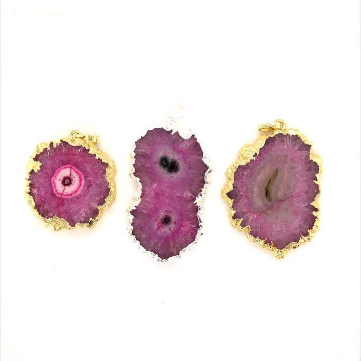 The Bead Bazaar - Wholesale Individual charm/pendant - Agate Slice Pendant, Pink Natural Agate Slice Pendant, Purple Agate Slice Charm, Silver Stone Pendant, Fuschia Agate Stone Pendant For Necklace4